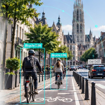 Fietsers in een stadsstraat met bomen, door de camera herkend en omkaderd