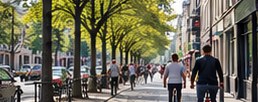 Voetgangers en fietsers in een groene stadsstraat